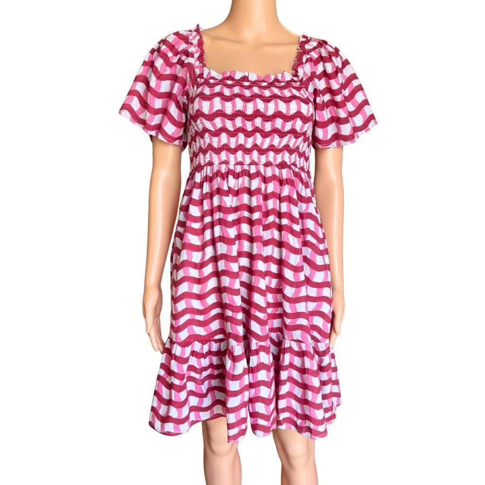 Nwt Ophelia & Indigo Delilah Pink Zigzag Smocked Tiered Cotton Mini Dress Xs — image 4 of 8